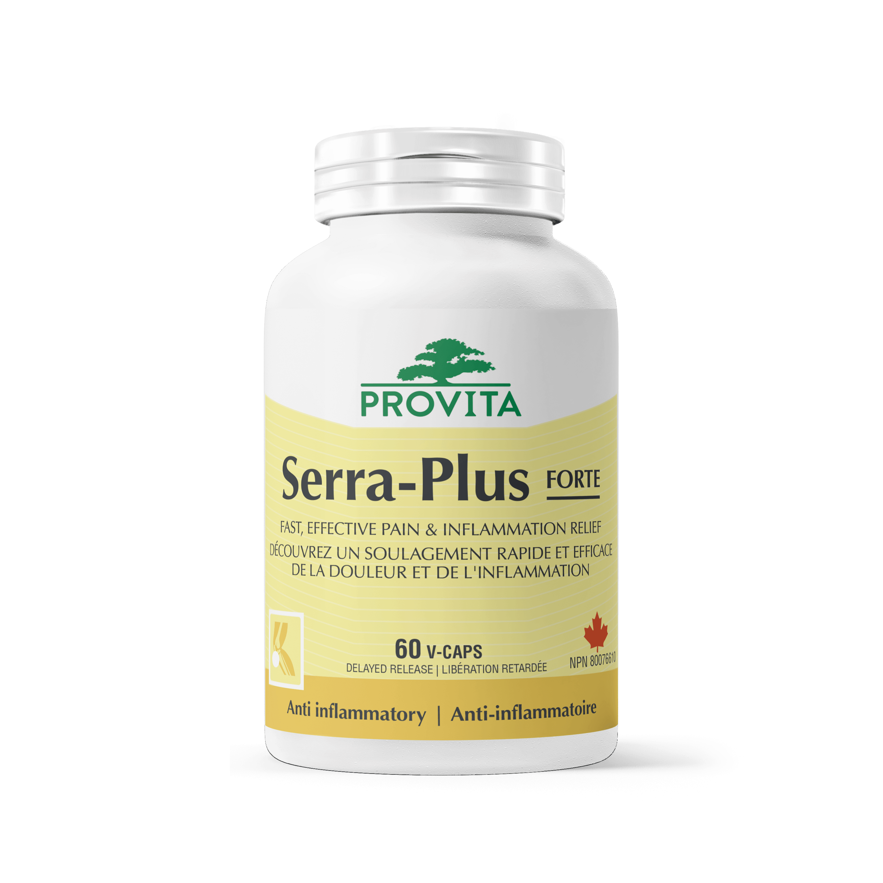 Serra-Plus bottle for fast acting pain and inflammation relief with anti-inflammatory properties.